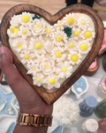 Hand-Carved Wooden Heart Dough Bowl Candle with Wax Daisies