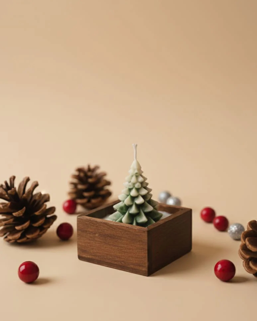 Hand-Poured Evergreen Forest Candle in Wooden Base | Holiday Winter Decor