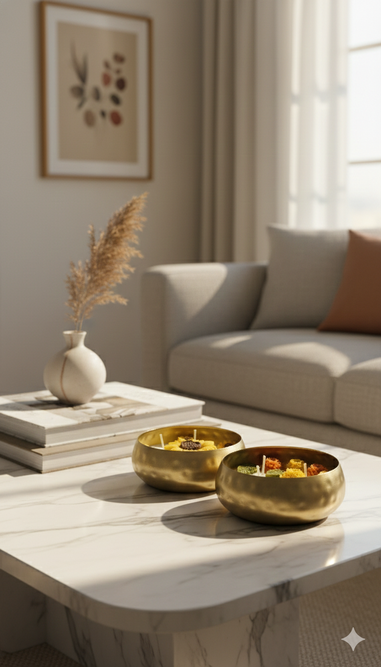 Floral Candle in Gold Brass Bowl