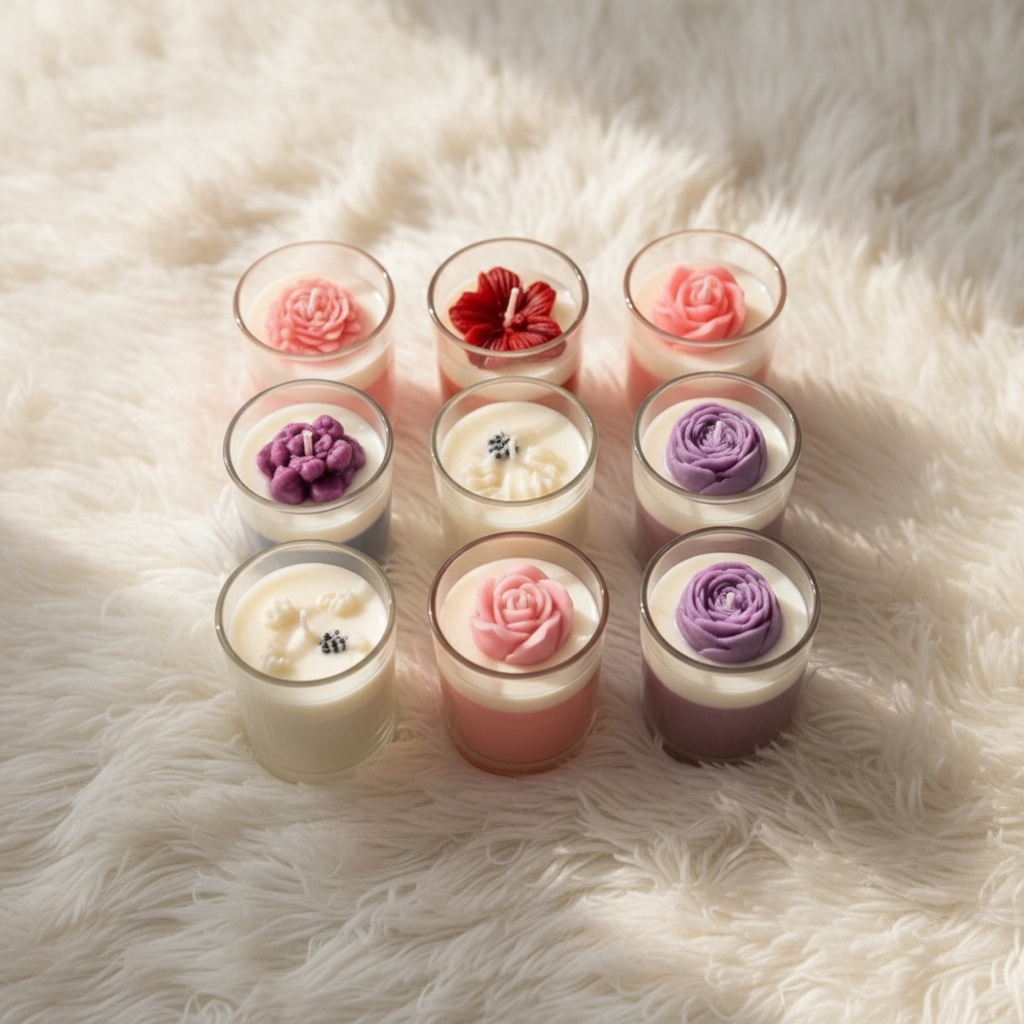 A collection of colorful layered wax candles in clear glass jars, arranged in rows on a white marble surface. The candles feature various color combinations including pink, red, white, purple, and blue, with some decorated with small flower-shaped wax tops.