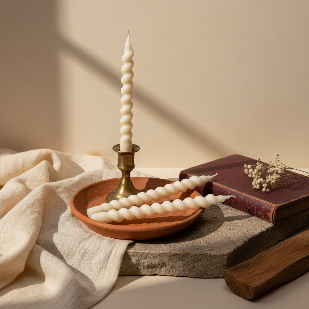 Three twisted spiral candles in a warm cream color, arranged diagonally on a dark textured, cracked stone-like surface.