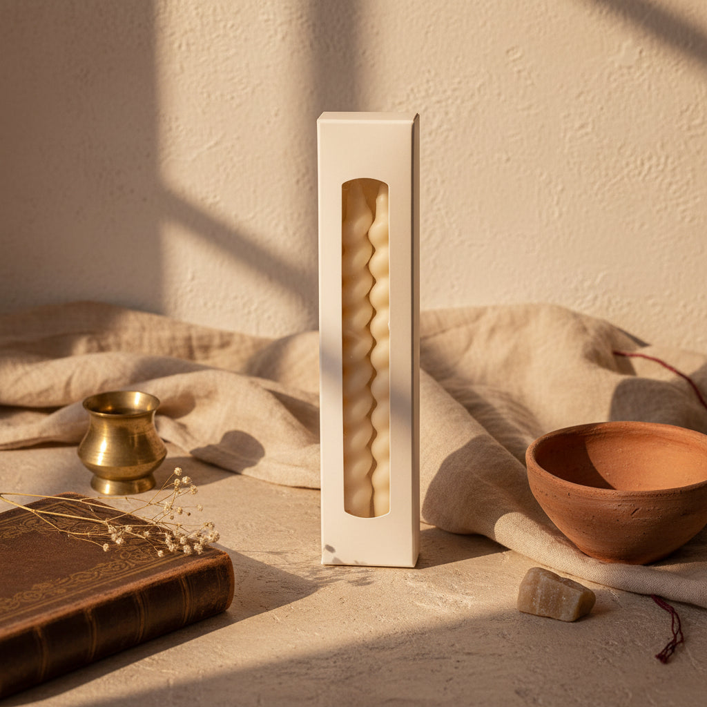 Cream-colored twisted spiral taper candles shown with their white paper packaging, placed on a textured black fabric background.