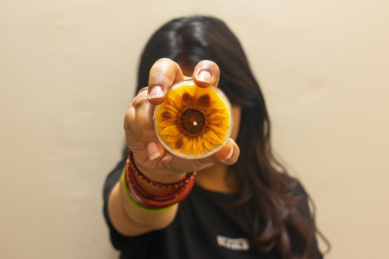 Person holding a container with a sunflower design against a plain background