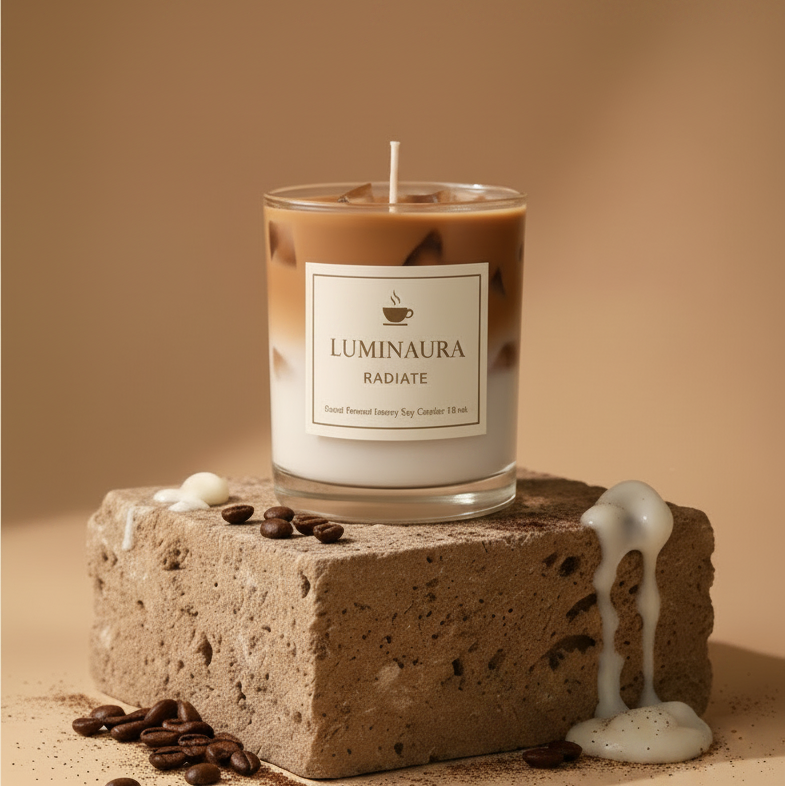 Luminaura iced latte candle with a label on a white background