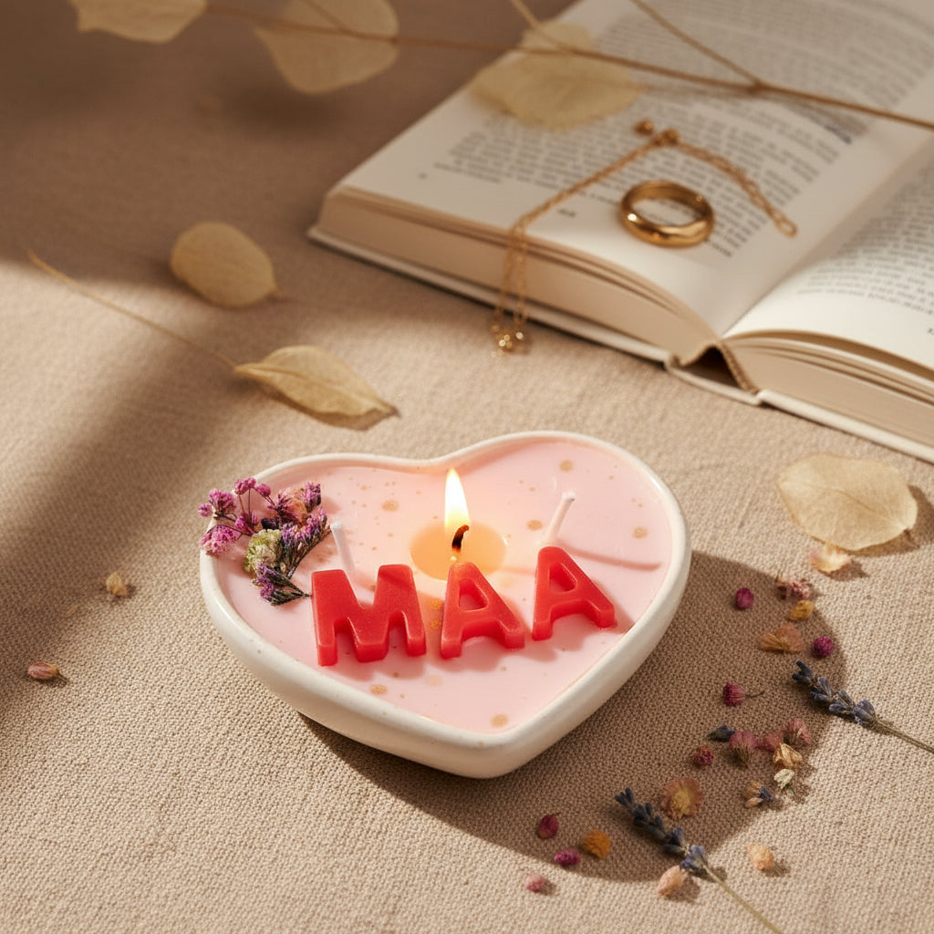 Heart-shaped pink candle with red letters spelling 'MAA' on a white surface with decorative elements.