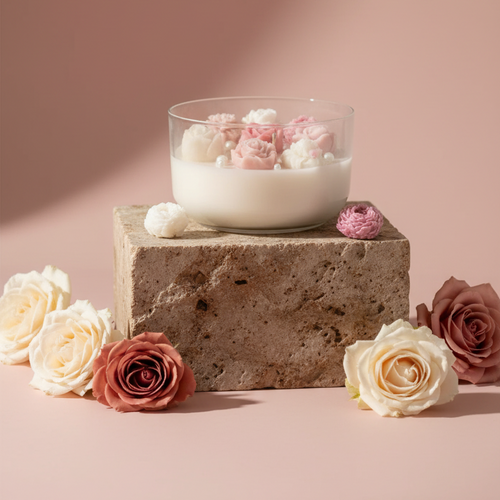 Glass bowl with pink and white crocheted flowers on a wooden surface.