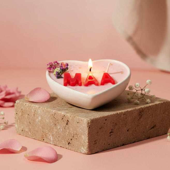 Heart-shaped candle with 'Maa' in red letters and floral decorations, surrounded by string lights on a white surface.