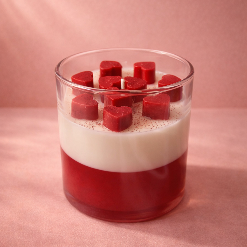 Layered dessert with red and white components in a glass on a pink background